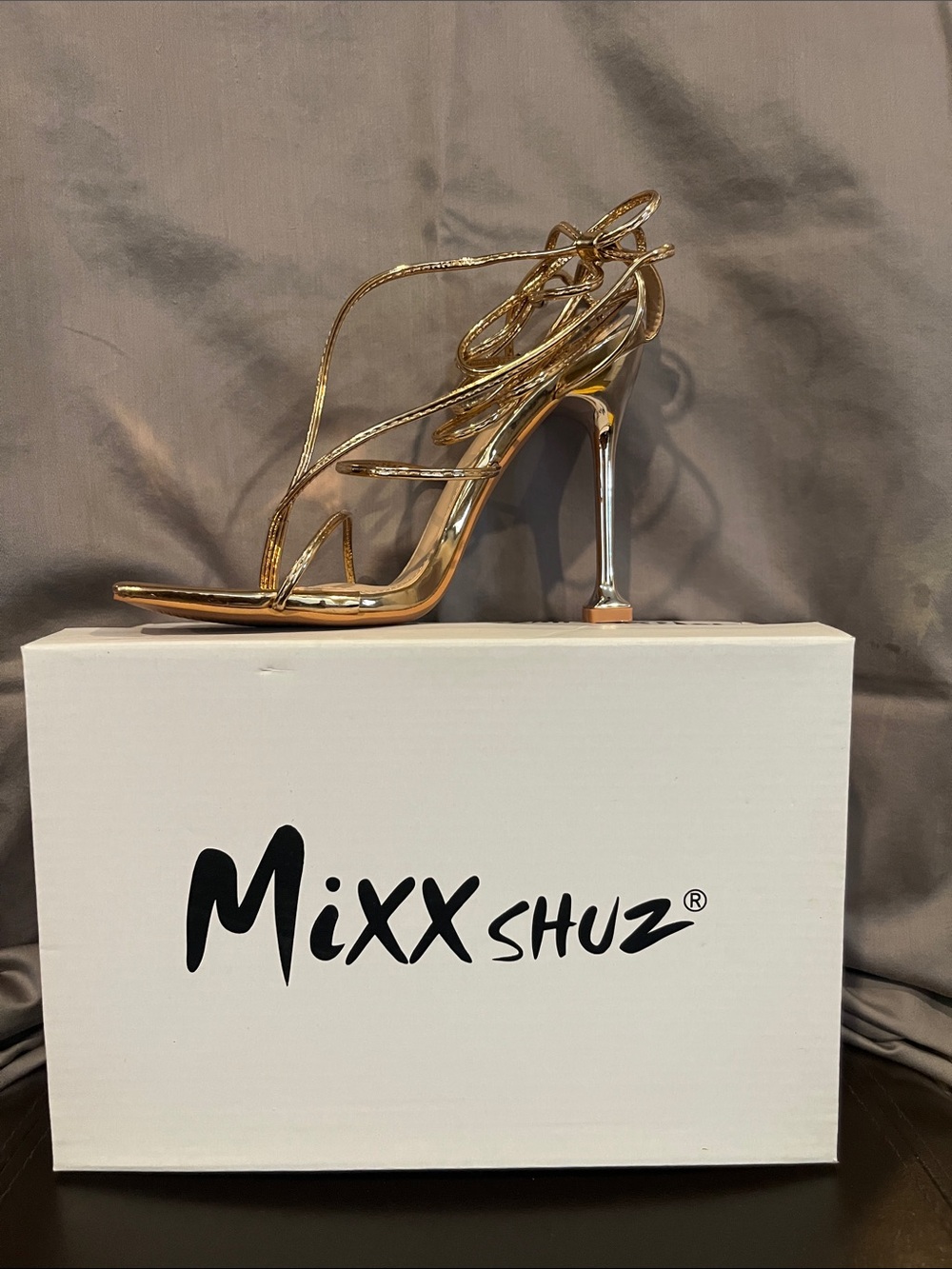 Mixx Shuz Metallic Gold Lace-Up Stiletto Sandals. Rose gold metallic